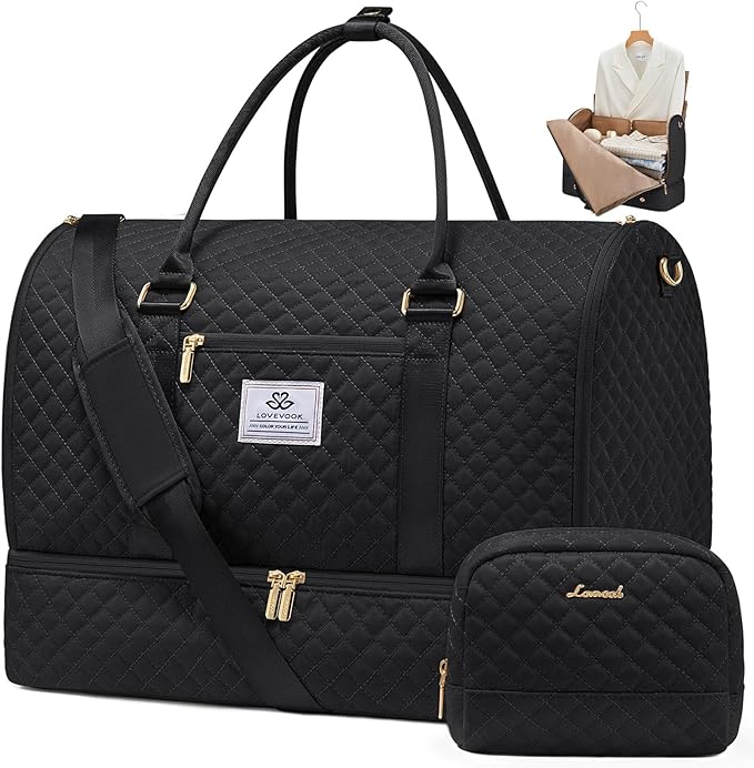LOVEVOOK Convertible Garment Bag for Travel with Shoe Compartment, Carry On Garment Duffel Bag with Toiletry Bag, 2 in 1 Hanging Suitcase Suit Bag, Weekender Bag for Women Travel, Wedding, Black