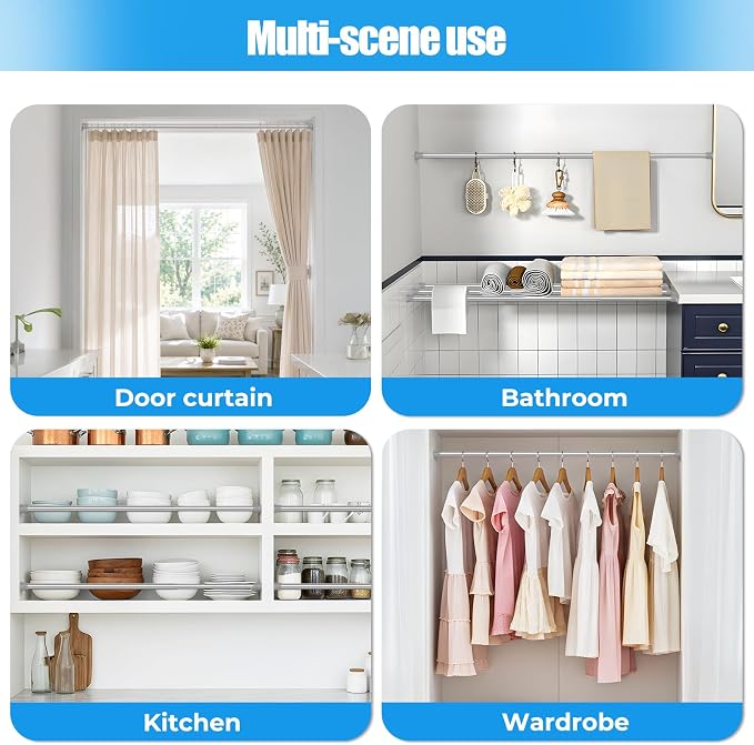 Spring Tension Curtain Rods 17-28 Inch Silver 2 Pack | No-drill & tool-free setup. Fits windows, kitchens, doorways. Rust-resistant, great for light curtains.