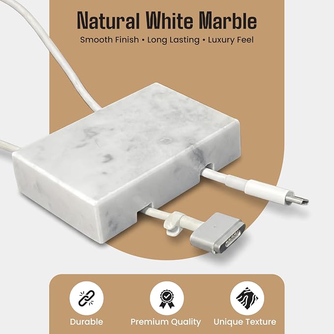 Cord Holder – Polished Marble Cable Tidy, Double | Handmade polished white marble cord holder keeps charging cables tidy on your desk. Weighted, non-slip. Double slot.