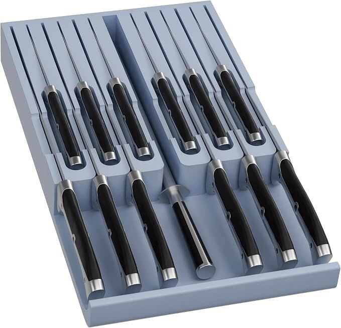 Domax Bamboo In-Drawer Knife Block Kitchen Knife Organizer Insert for 12 Knives and 1 Sharpening Steel(Not Included), Steak Knife Holder, Gray