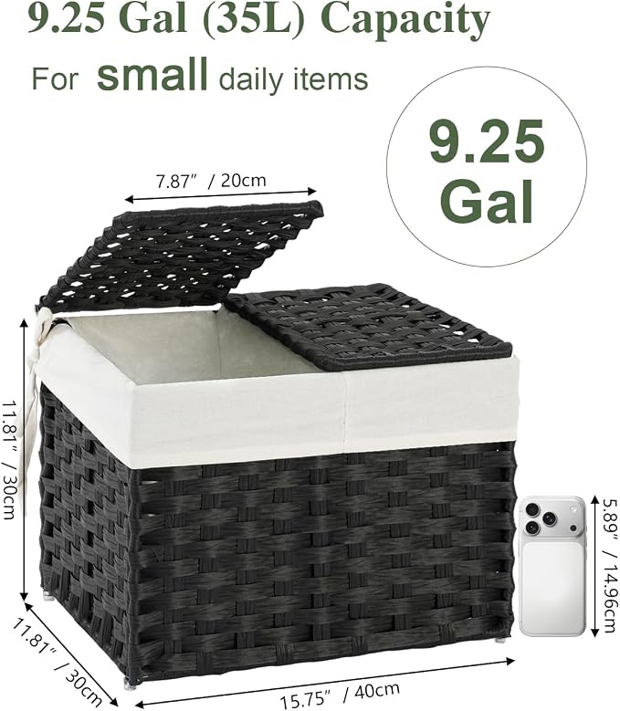 SETVSON Storage Basket with Lid Woven Wicker Baskets with 2 Separate Lid, 9.2 Gallon (35 L) Wicker Storage Bins with Handles, Foldable and 2 Removable Liner Bags for Bedroom, Laundry Room Black