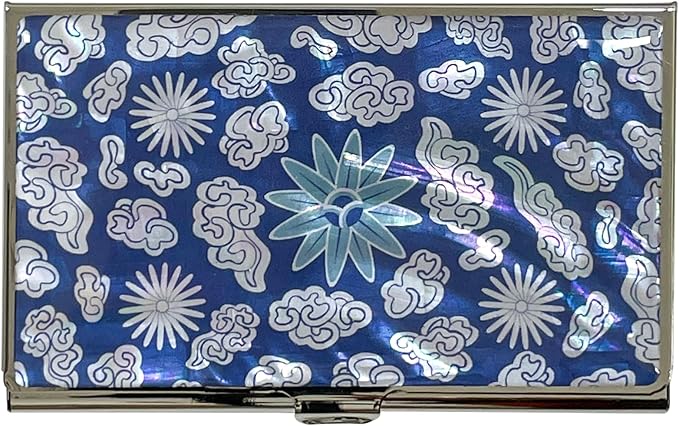 Mother of Pearl Business Card Case Credit Id Name Holder Travel Wallet Art Painting Design Metal Stainless Steel Engraved Slim Purse Pocket Cash Money Wallet (Mum Cloud)