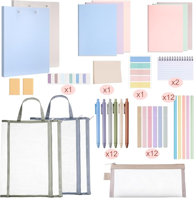 Colarr 54 Pcs Cute Notebook Stationery Set for Women, Bible Study Supplies, 6 Lined Notebooks, 36 Pens, Sticky Notes & Tabs, Bags & Folders for Work Journal Study College Office Supply(Morandi)