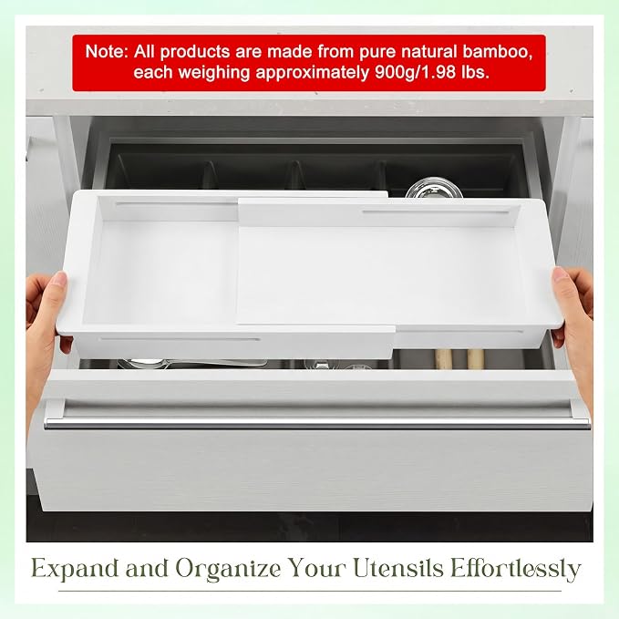 LemonRoad 1 Pcs Sliding Drawer Organizer 12.4-17.7 Inch Bin Bamboo Drawer Expandable Bins Utensil Organizer for Kitchen Spoons Forks Knives (White)