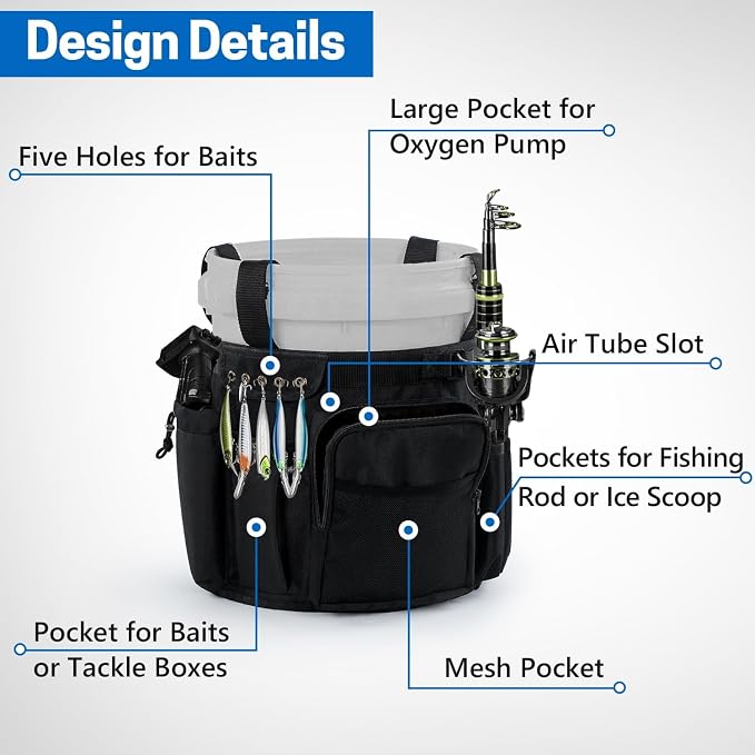 VISEMAN Fishing Bucket Organizer for 5 Gallon Bucket, Waterproof with 3 Rod Holders, Padded Handle, Multi-Pocket Tool Caddy for Ice, Bank, and Sea Fishing