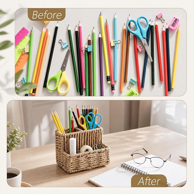 Handwoven Pen Holder Paper Rope 3 Compartment Desk Organizer 5.11 x 3.42 x 3.85 in for Pencils Remote Stationery Rustic Natural Desktop Storage Caddy Applied for Office Home School Decor