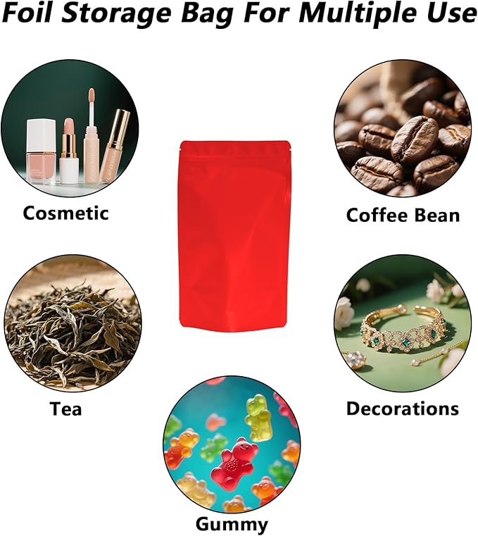 100PCS Smell Proof Resealable Pouch Bags,ULIFESTAR Aluminum Foil Flat Food Storage Bag,Sealable Pcsaging Zipper Pouches with Tear Notches for Pcsaging Lipgloss,Jewelry,etc(12 * 20cm/4.72 * 7.87",Red)