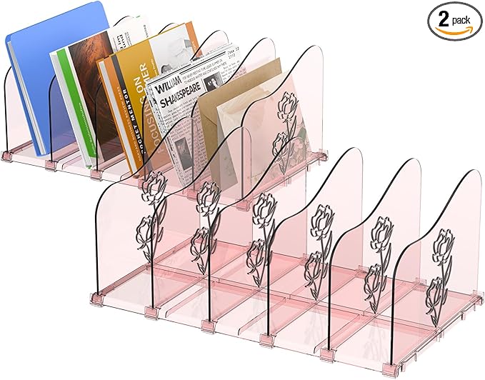 Adjustable Rose File Organizer for Desk, Vertical File Folder Holders for Magazines, Upright Desktop Binder Organizer, Clear Paper Bookshelf Divider File Sorter for School Office Supplies