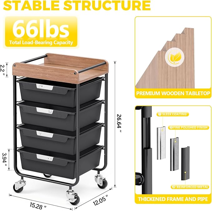 SYKIARIOL Utility Cart with 4 Labeling Drawers and Wooden Tabletop – Rolling Storage Cart for Crafters, Artists, Kids, Teachers, and Students – Organize Arts, Crafts, Sewing & Study Supplies