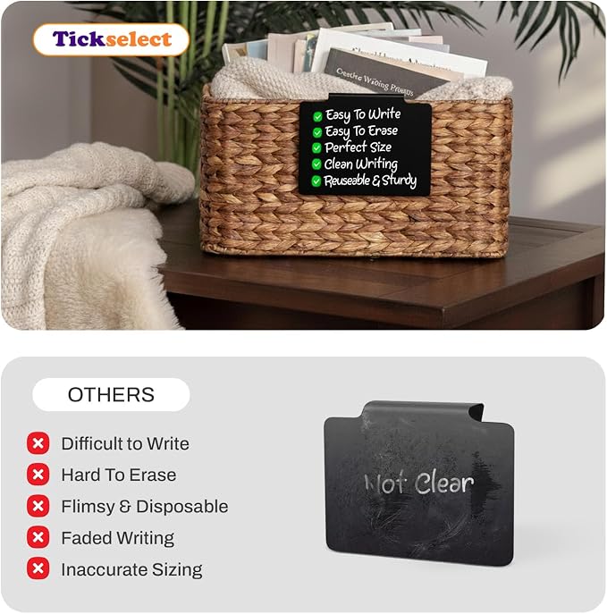 12 Pcs Basket Labels Clip on for Pantry Organization and Storage bin Labels with 2 Markers and 2 Wipe Cloths Reusable Chalk Basket Labels - Black Bin Labels Clip on Chalkboard Basket Tags