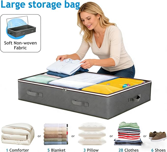 4 Pack Under Bed Storage, Closet Organizers and Storage Containers with Clear Window Foldable Underbed Storage Bags for Clothes,Shoes, Blankets Pillows, Linen Sheets, Dark Grey