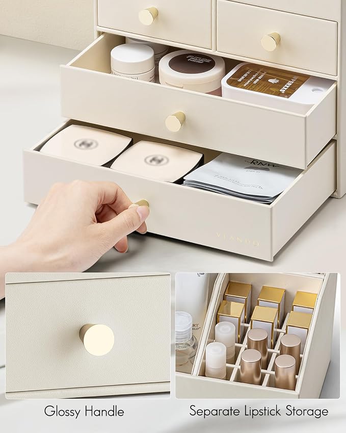 VLANDO Makeup Organizer,Vanity Organizer with Drawers, PU Leather Skincare Organizer Perfume Organizer,Large Cosmetic Display Case for Lipstick,Brushes Gifts for Women, Beige, 4 Layer