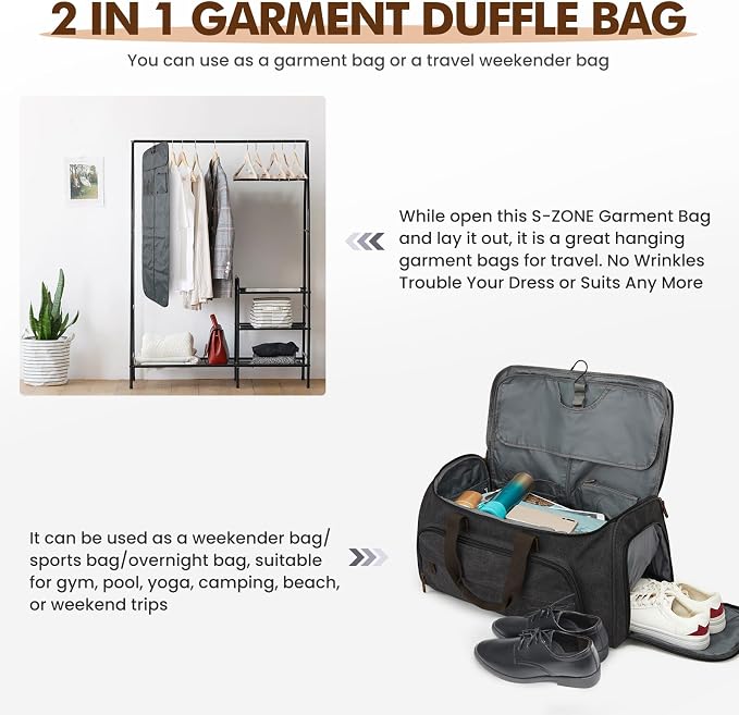 S-ZONE Carry On Garment Bag for Travel Convertible Garment Duffle Bag Suit Bags for Men Women Travel 2 in 1 Hanging Suitcase Business Travel Bag with Toiletry Bag, Black, 50l | 2-in-1 Hanging Suitcase, with Toiletry Bag, Wet/Dry Pockets, Shoe Compartme...