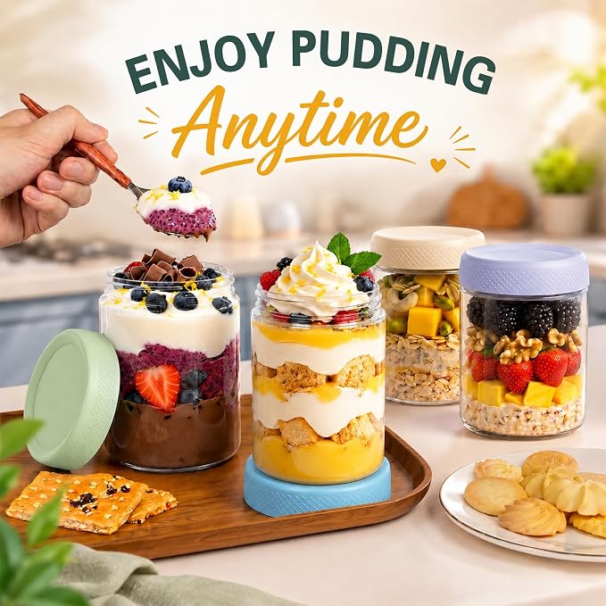 Mason jars 16 oz with lids, Chia Pudding Jars, Jar for Overnight Oats | Glass Jar with Lid, Parfait Cups with Airtight Lids, Glass Jars for Storage, Food, Chia, Pudding, fruit, on-the-go, 6 Pack
