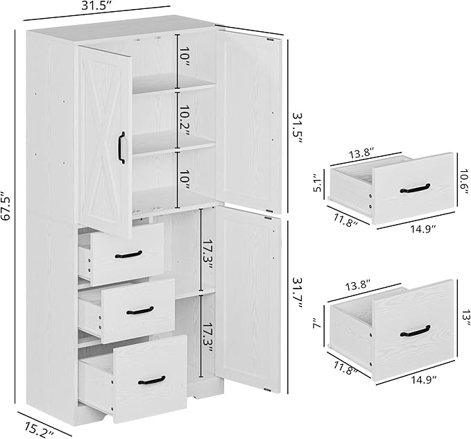 IRONCK Pantry Cabinet, 67.5 inch Tall Storage Cabinet with 3 Doors & Drawers, Farmhouse Kitchen Cabinet with Adjustable Shelves, 5 Tier Freestanding Cupboard for Kitchen, White