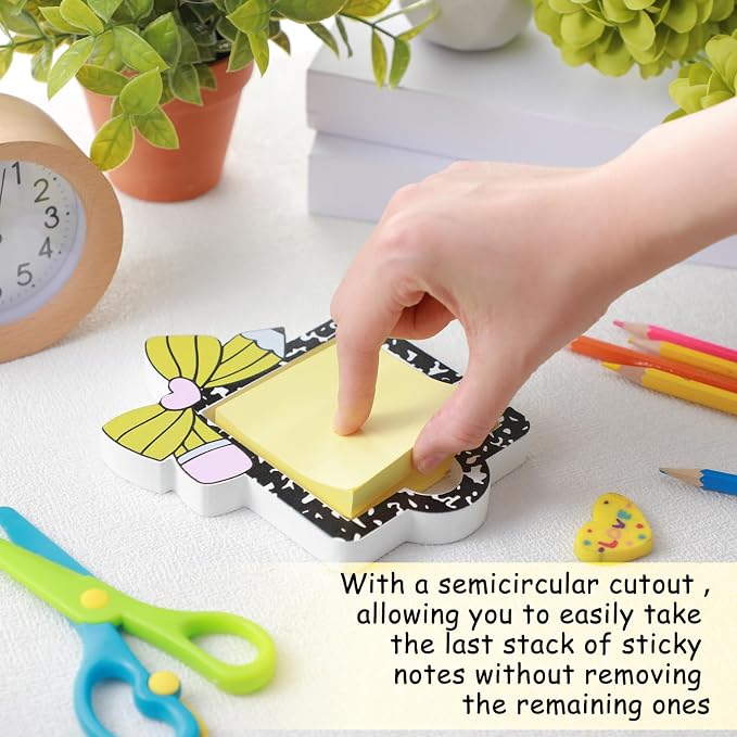 Back to School Sticky Note Holder Pencil Bow Sticky Note Dispenser 3 x 3 Notepads Wood Cow Print Self Stick Memo Pad Holder for Home Office Classroom Teacher Gift, No Pads Included