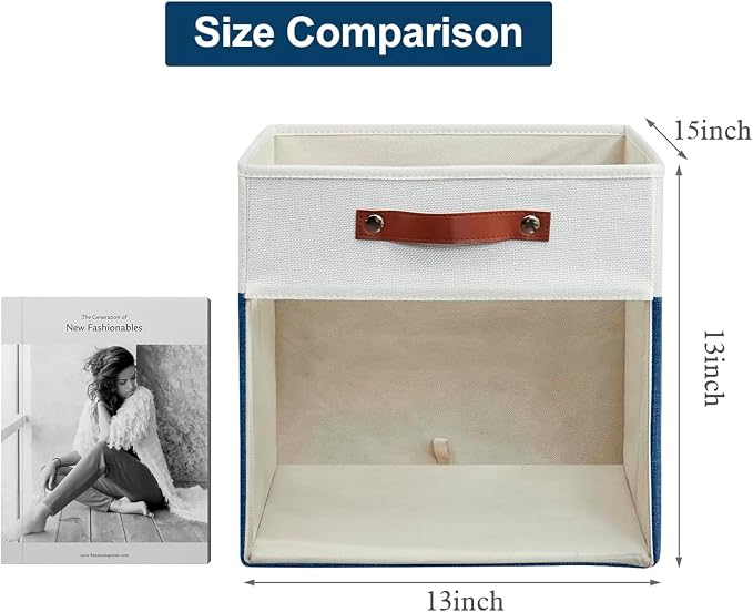 Bagnizer Storage Cubes, 4 Pack Linen Foldable Storage Bins with Clear Window and 2 Handles, 13x15x13 Storage Cube Bins for Shelf Closet, Kallax, Clothes, Books - (Navy Blue / Off-White)