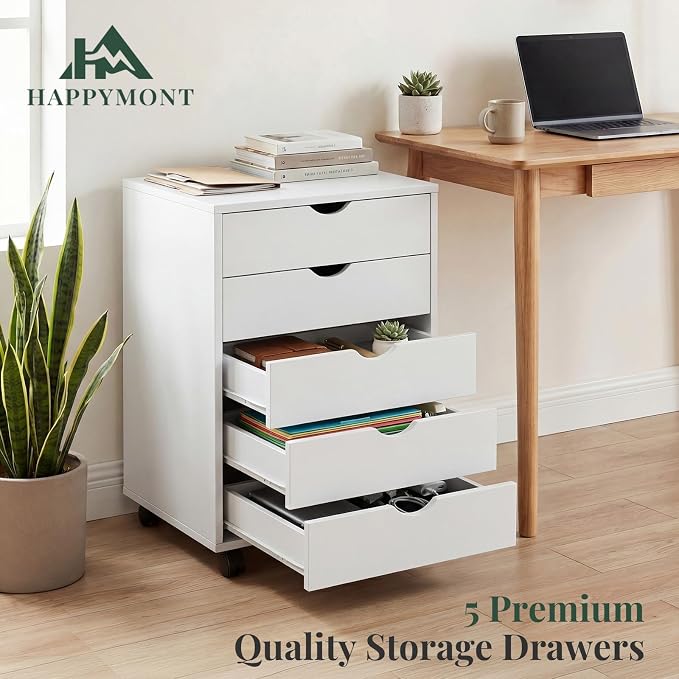 Mobile File Cabinet Under Desk, 5 Drawer Storage Organization with Wheels, Vertical Filing Chest Rolling Wood Small Desk Printer Stand for Home Office, 15.75" D x 18.74" W x 25.39" H