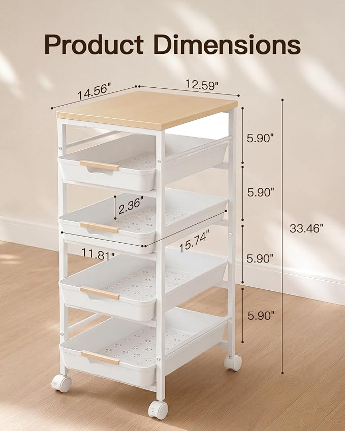Pipishell Rolling Storage Cart with Drawers & Lockable Wheels, 5 Tier Kitchen Cart with Safety Stops & Vented Design, Wood Top, Pull-Out Utility Cart for Kitchen, Home Office, Bedside, White