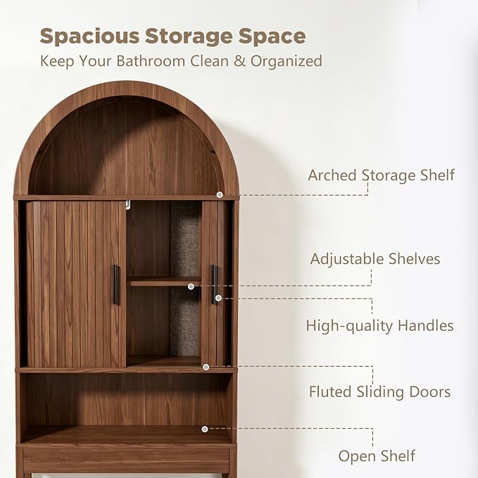 Arched Over The Toilet Storage Cabinet, Walnut Freestanding Bathroom Organizer with Sliding Door, Adjustable Shelf & Anti-Tip Device for Bathroom, Laundry