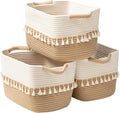 TeoKJ Woven Storage Bin Set of 3, Cotton Rope Basket for Storage, Clothes Boho Basket Bin for Organizing, Fabric Basket for Books, Plants, Pet Treats, White & Jute
