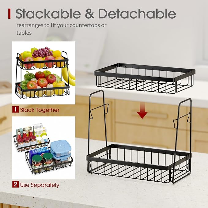 Sakugi Fruit Basket for Kitchen Counter - 2-Tier Fruit Bowl with Removable Banana Hanger & Handles, Rustproof Fruit Holder for Kitchen, Living Room, Bathroom, 13.4"×8.7"×11.7", Black