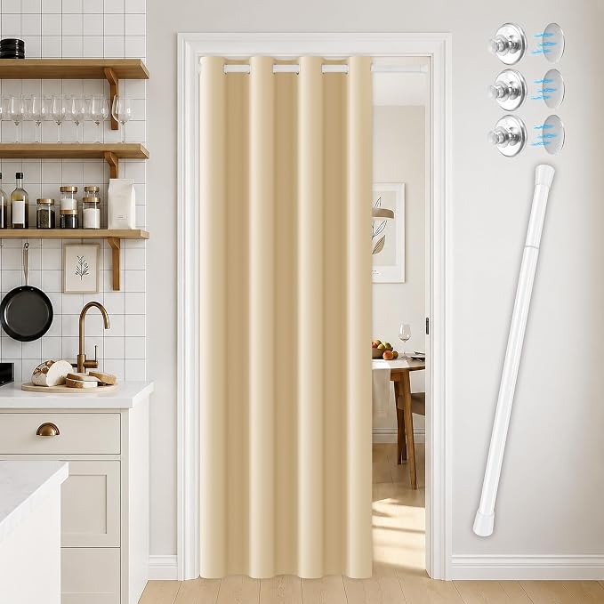 Vatge Doorway Curtains with Rod and Magnetic Closure, Door Curtains for Doorways, 80 Inch Drapes for Closet Door/Living Room/Laundry/Pantry, 1 Panel, W42 x L80, Beige