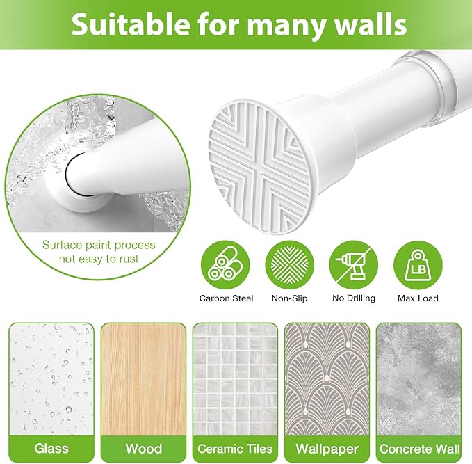 2Pcs Spring Tension Curtain Rod, Shower Curtain Rod 31-62 Inch, Spring Loaded Curtain Rod No Drilling, Adjustable 7/8" Diameter Tension Rod for Windows Bedroom Bathroom Doorway Closet, White