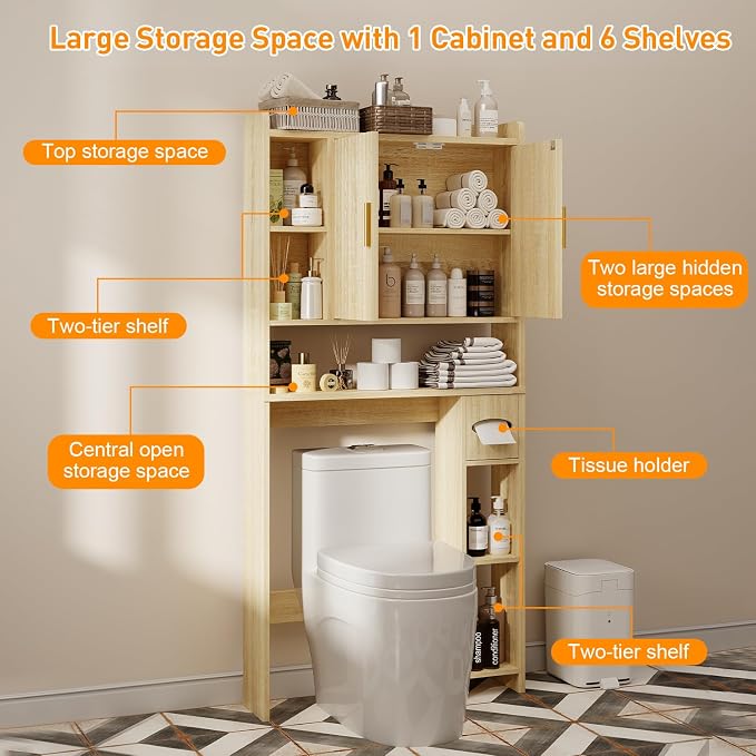 knoworld Fluted Over The Toilet Storage Cabinet, Above Toilet Bathroom Organizer with Toilet Paper Holder, Modern Behind Toilet Cabinet, Space Saver for Restroom, Bathroom, Laundry, Natural Oak