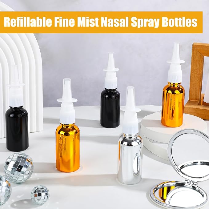 20 Pcs Nasal Spray Bottle, 30ML/1OZ 12 Pcs Bright Plating Gold Silvery Black Empty Refillable Glass Nose Spray Bottle with 4 Funnels and 4 Labels