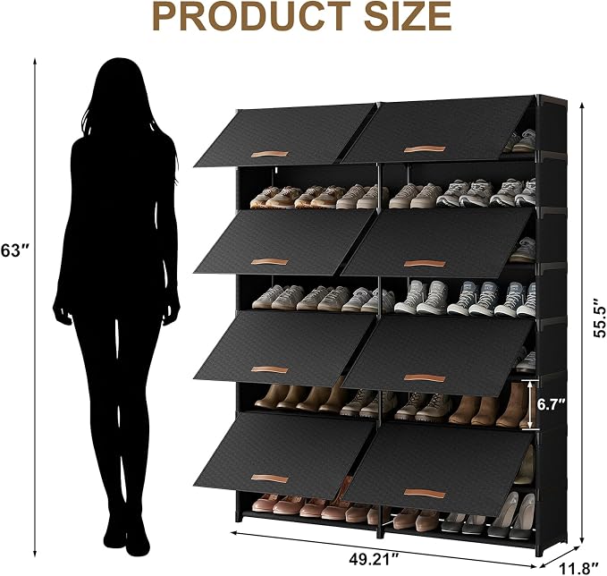 2 by 9 Tier Shoe Cabinet, 54-Pair Storage for Closet,Black | Max capacity for large families. Remove layer for boots. Split into 2 units. Door blocks dust & pets.