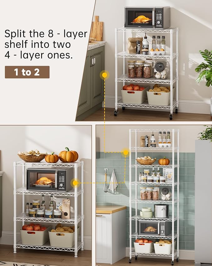 Golpart Shelves Storage Shelf Wire Closet Bathroom Organizers Metal Pantry | 8 tier Kitchen Garage Shelving Unit Laundry Room Organization Home Rack Net Basket Black with Wheels 11.7”D X 22”W X 74.2”H