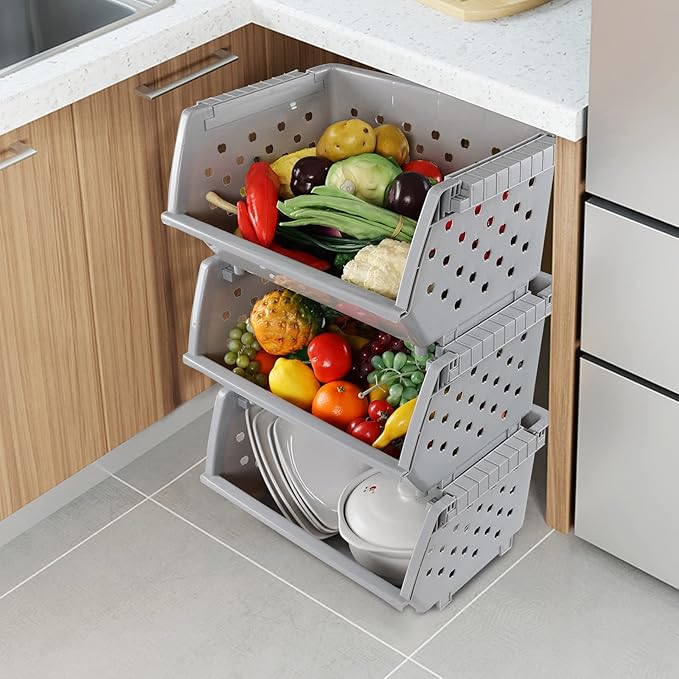4 Pack Stackable Storage Basket, Large Stacking Baskets