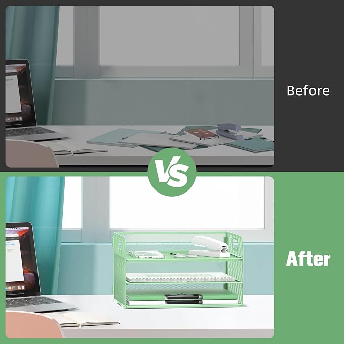 DALTACK 3 Tier Paper Organizer with Handle, Mesh Metal Desk Organizer with Sliding Paper Trays for Letter/A4 Paper, Mail, Bills & Folders, Mint Green