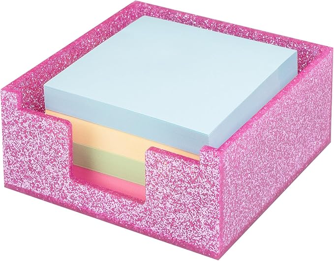 Acrylic Sticky Note Holder 4x4in Tray for Desk, Rose Pink Glitter | Sparkling glitter acrylic tray, fits 3x3 sticky notes, compact organizer for office school and home