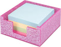 Acrylic Sticky Note Holder 4x4in Tray for Desk, Rose Pink Glitter | Sparkling glitter acrylic tray, fits 3x3 sticky notes, compact organizer for office school and home