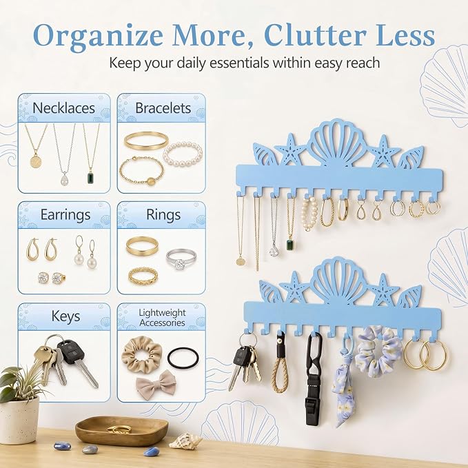 Hicarer 2 Pack Ocean Necklace Holder Wall Mount with 24 Hooks Adhesive Metal Seashell Starfish Hanger Coastal Jewelry Organizer Beach Decor for Earrings Bracelets Rings