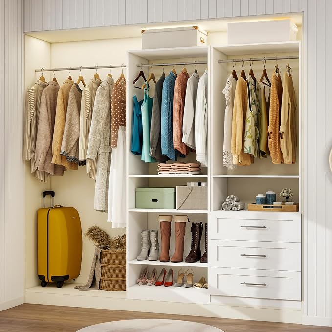 Vomavex Closet System with Drawers of 2 Sets, 4FT-10FT Walk in Closet Organizers and Storage with Hanging Rods & Adjustable Shelves, Free-Standing Modular Closet Systems, White