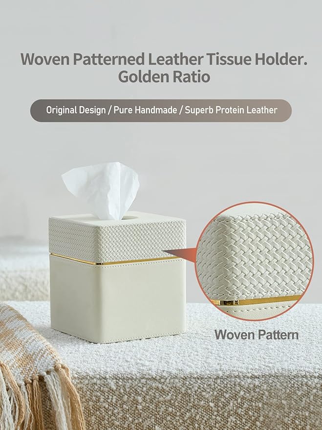 Tissue Box Holder Cover Square, Modern PU Leather Decorative Tissue Cube Holder Organizer-Woven White