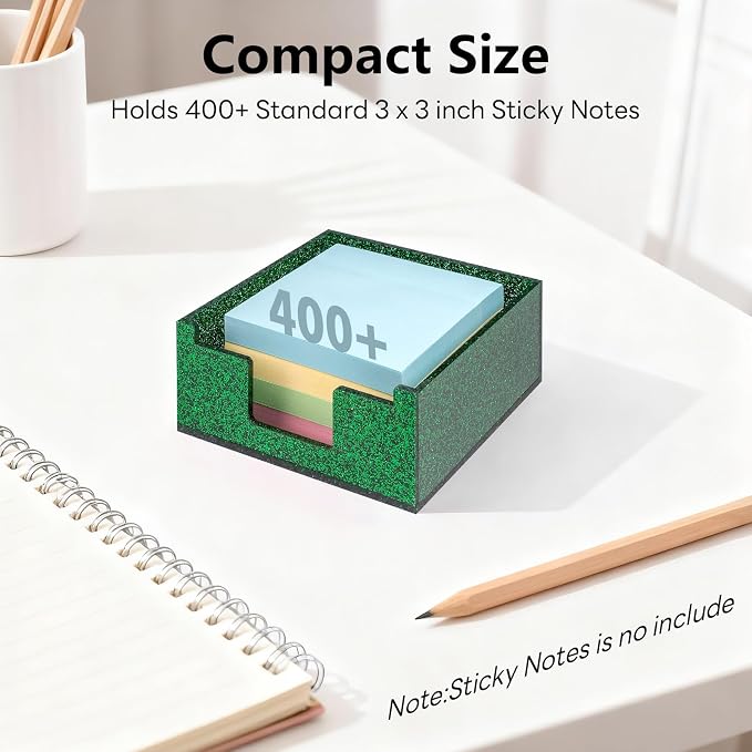 Acrylic Sticky Note Holder 4x4in Tray for Desk, Green Glitter | Sparkling glitter acrylic tray, fits 3x3 sticky notes, compact organizer for office school and home