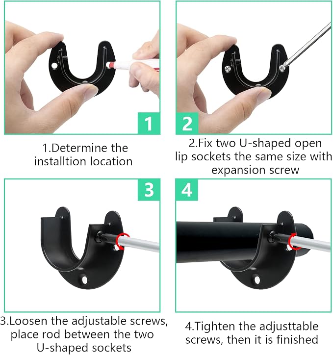4PCS Closet Rod Bracket 1-1/3 Inch Diameter, Black | Heavy Duty, Stainless Steel, U Shaped, Round Rod Socket Flange