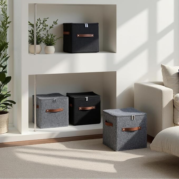 2PCS Storage Cubes with Zippered Lids Fabric Storage Bins Boxes | with 3 PU Leather Handles Cotton Linen Decorative Foldable Washable Lidded Shelf Closet Organizer Container (Black, 11 Inch)