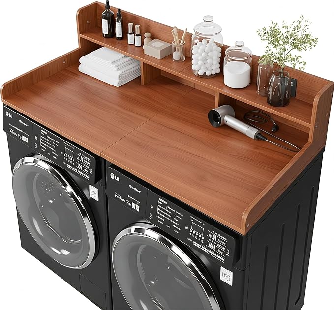 Washer Dryer Countertop with Shelf, 2-Tier Laundry Countertop Over Washer and Dryer, 54" x 27.55" Wooden Table for Folding Clothes for Laundry Room Organization and Storage (Walnut)