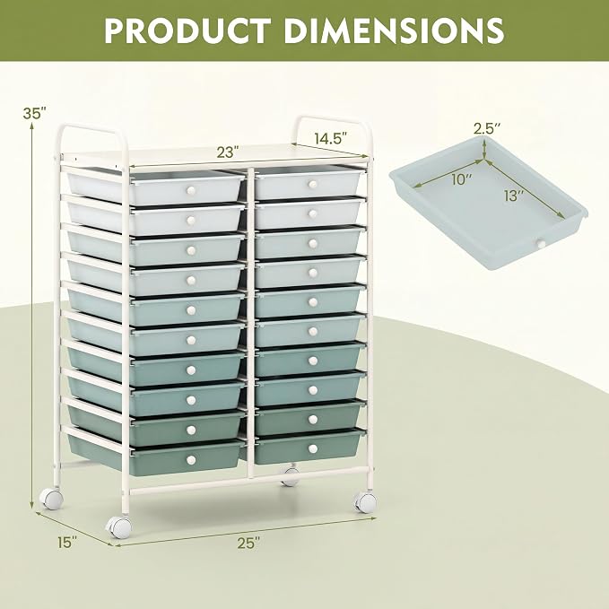 COSTWAY 20-Drawer Rolling Storage Cart, Utility Storage Organizer Cart | For Tools, Scrapbook, Paper, Craft, Multipurpose Storage Trolley on Wheels for Home Office School (Green Gradient)