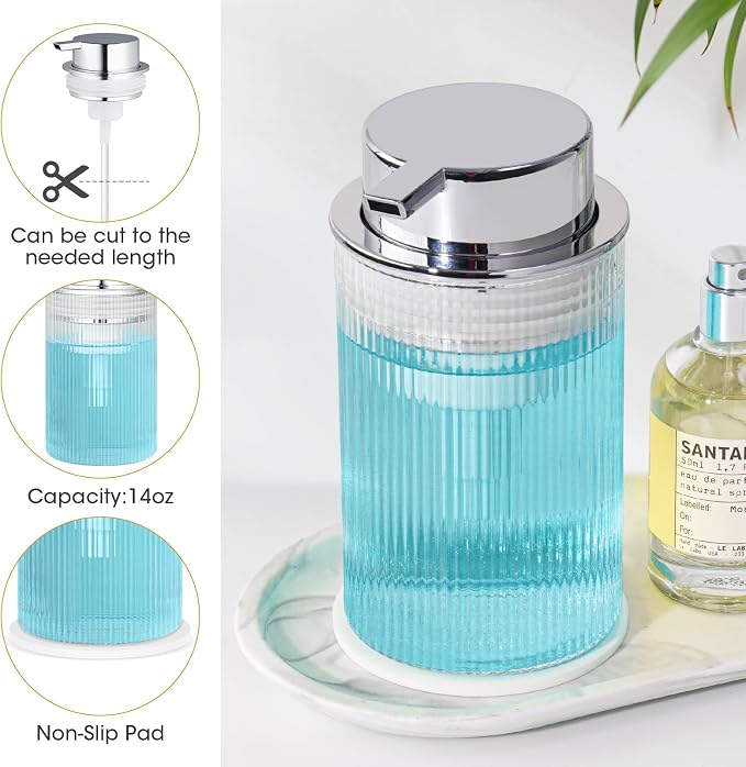 NiHome Foaming Hand Soap Dispenser 14oz Ribbed Glass, Non-Slip Bath Kitchen | Vertical-Ribbed Glass Bottle with Foam Pump and Stable Non-Slip Mat for Bathrooms and Kitchens