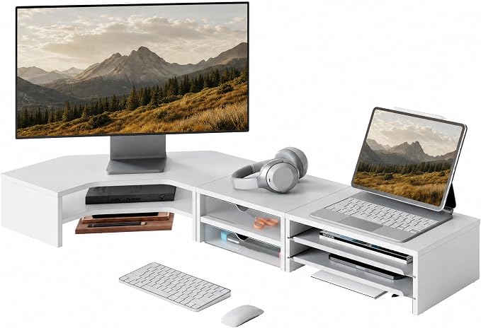 Fenge Dual Monitor Stand, Corner Monitor shelf with Drawer and Slide-Out Tray, 2 Tier Triangle Monitor Riser with Storage, Desk Shelf Organizer for Desk, Home Office, Computer, Laptop, Printer
