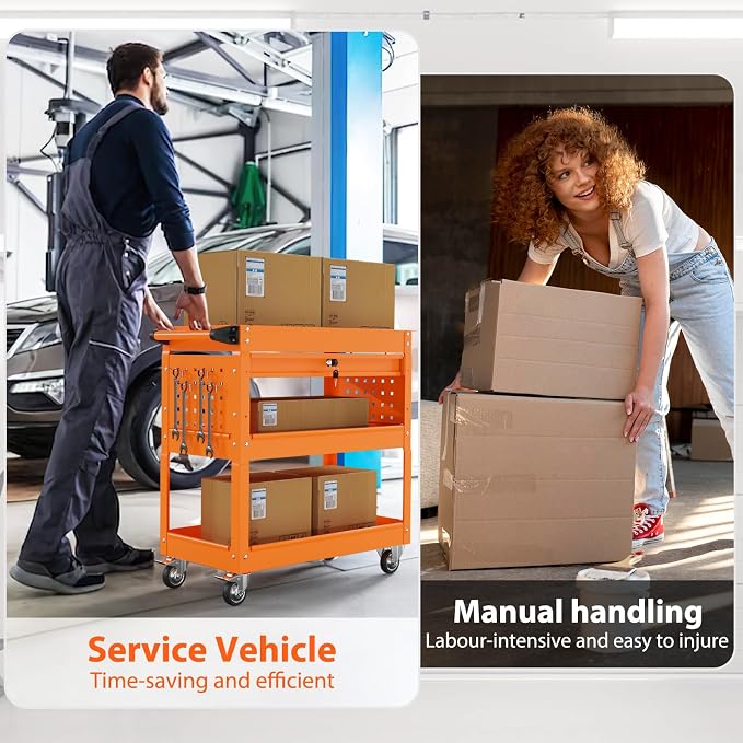 3 Tier Heavy Duty Rolling Tool Cart with Drawers, Large Storage Utility Cart on Wheels for Garage, Warehouse, Repair Shop (Orange)