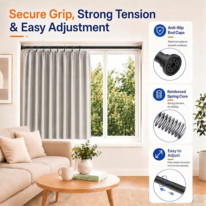 ALLZONE Shower Curtain Rod Spring, 28-42 Inch Heavy Duty Tension Rods No Drilling, Anti-Slip Shower Rods, Adjustable Tension Curtain Rod for Window/Bathroom/Closet, Black