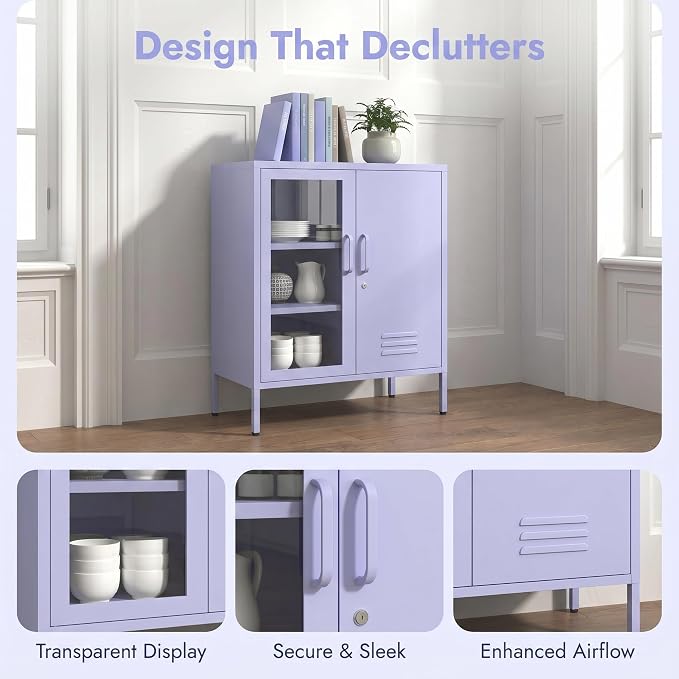 33" Tall Lockable Metal Storage Cabinet with Adjustable Shelves,2 Door Home Freestanding Locker Metal Pantry Cabinet for Living Room,Office,Dining Room,Purple Size: 33" H x 29.5" W x 13.8" D