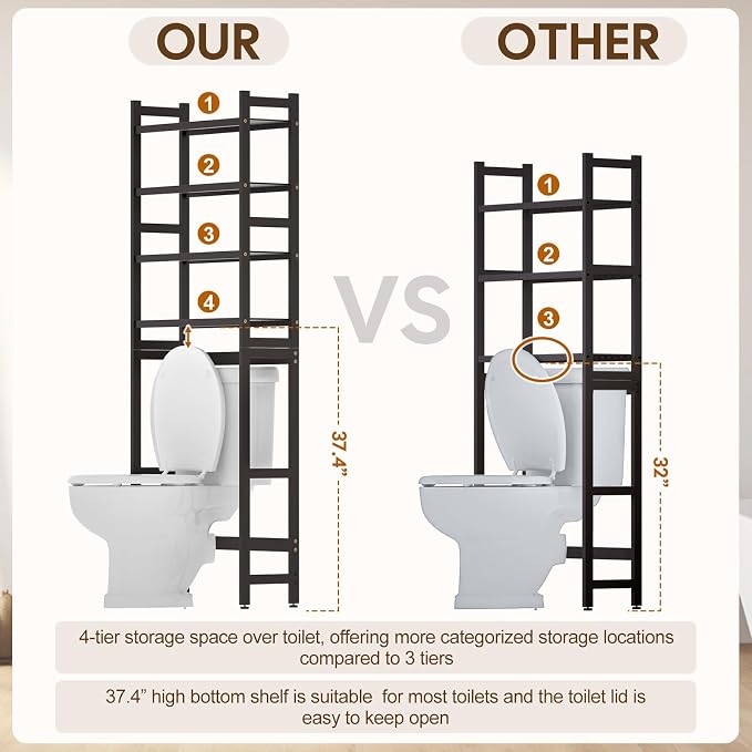 Cozivolife Over The Toilet Storage: 4-Tier Bamboo Organizer Rack with 2 Baskets & Paper Holder & 4 Hooks & Waterproof Feet Pad, Adjustable Freestanding Shelf for Bathroom (Brown)